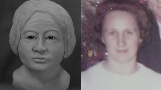 <p> A clay bust alongside a photo of Peggy Joyce Shelton, a Florida woman who was murdered in a 1972 cold case that was finally solved</p>